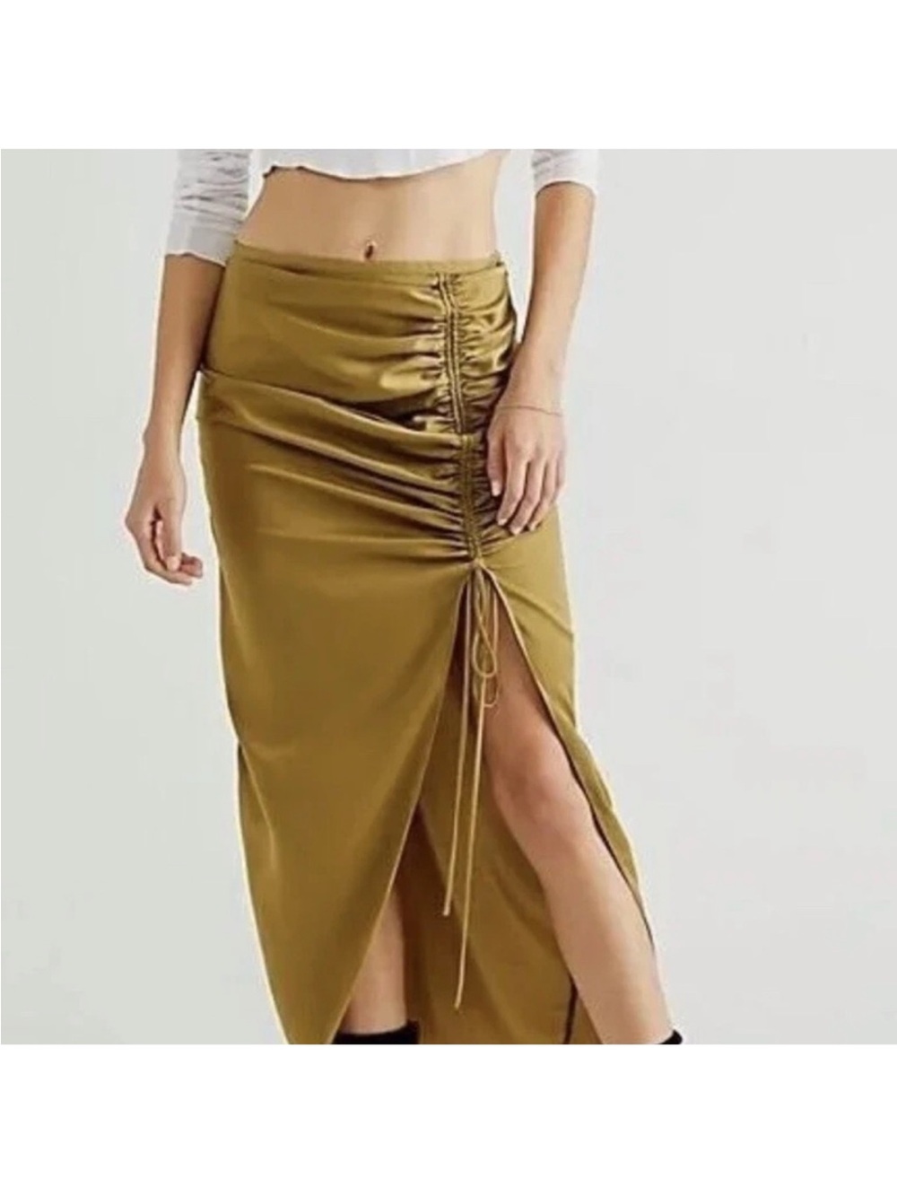 Free People Ruched High Slit Midi Skirt Olive Gold Satin Drape - Size 4